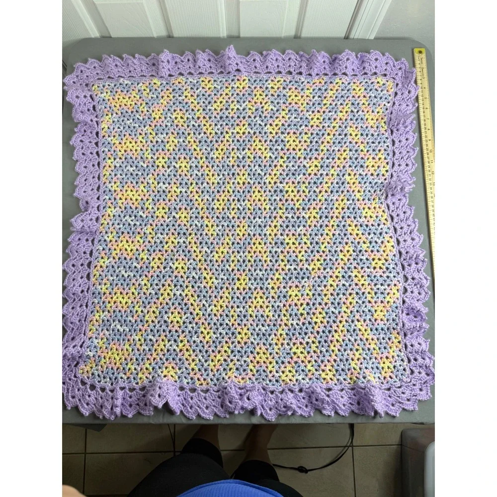 Handmade Crochet Baby Blanket Purple Pastel Variegated Scalloped Ruffle 31x31